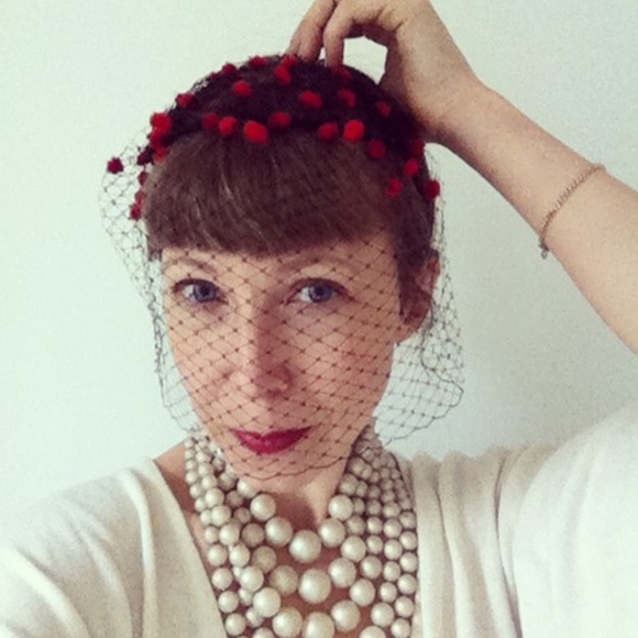 Red Polka Dot and Black Netting Fascinator - Picture 2 of 4